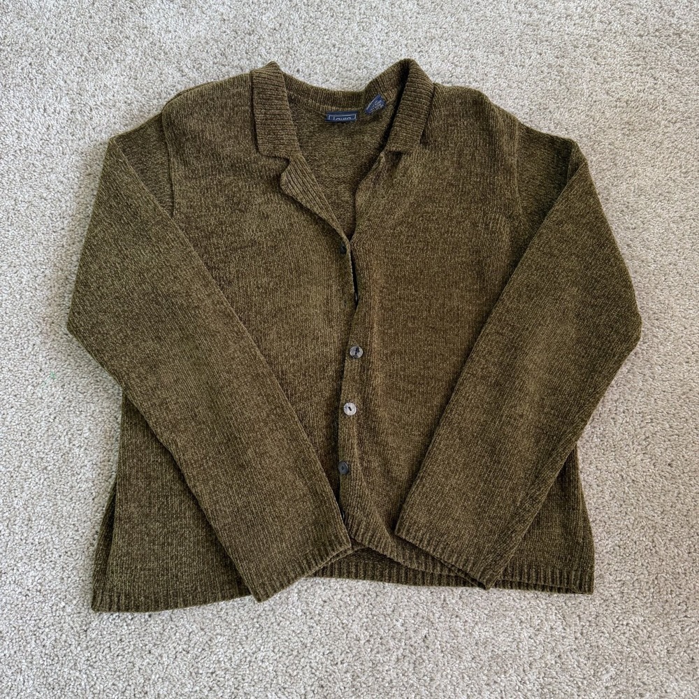 Laura Scott Cardigan 1990s Womens L Olive Brown Long Sleeve Ribbed Textured Knit